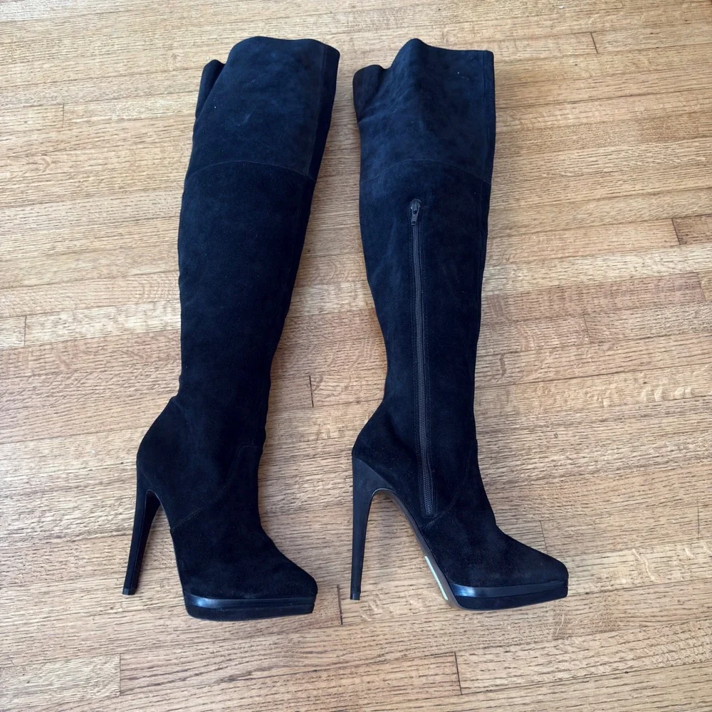 Pelle Moda Black Suede Over The Knee Platform Stiletto Boots Womens 7.5M